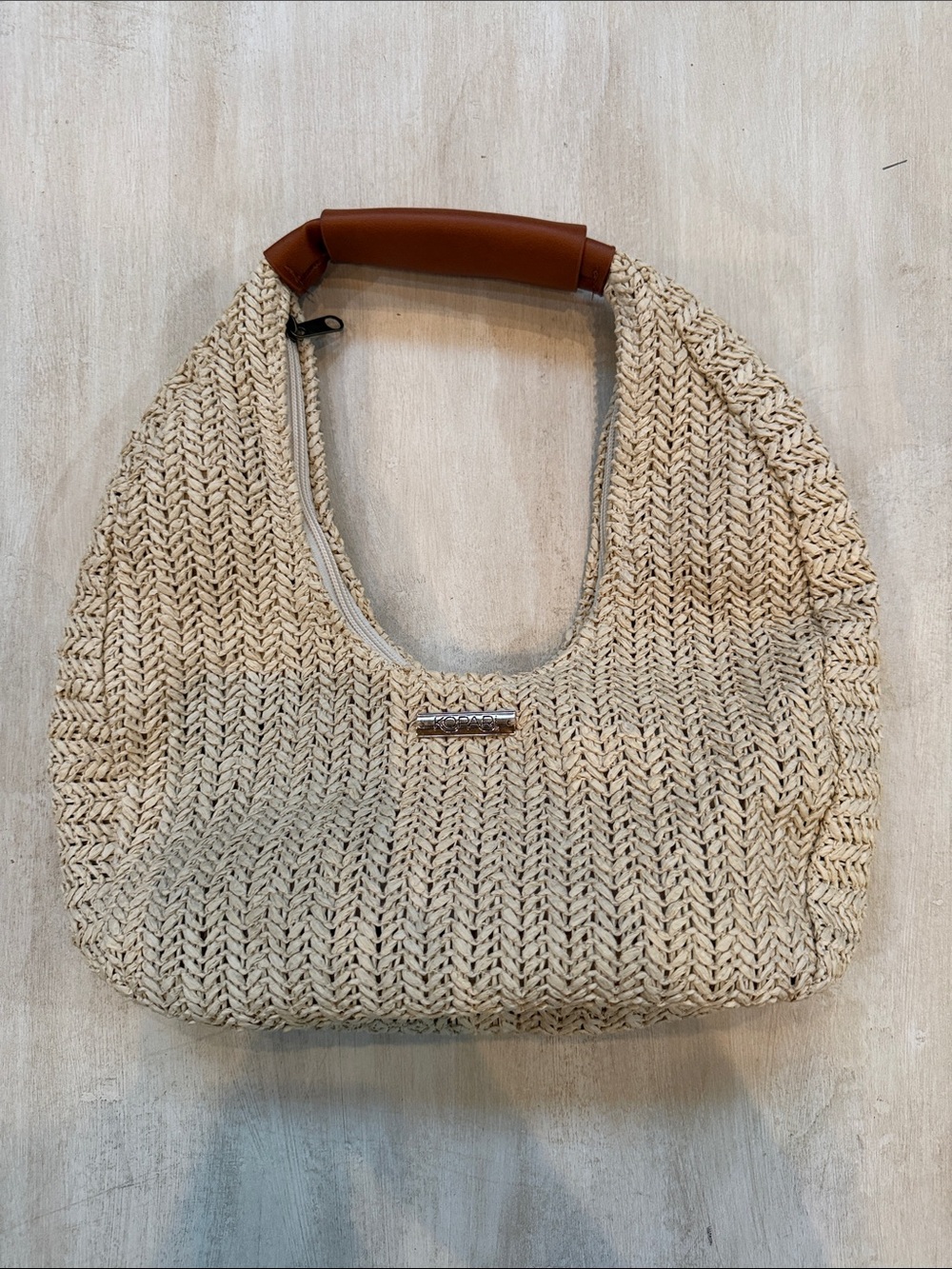 Kopari Cream Woven Shoulder Bag with Tan Handle